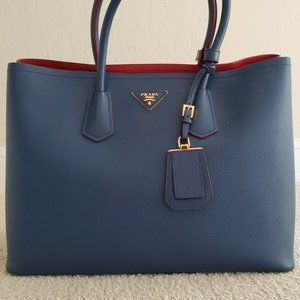 Prada Saffiano Cuir double Large Leather Tote HandBag In Navy blue/Fiery Red